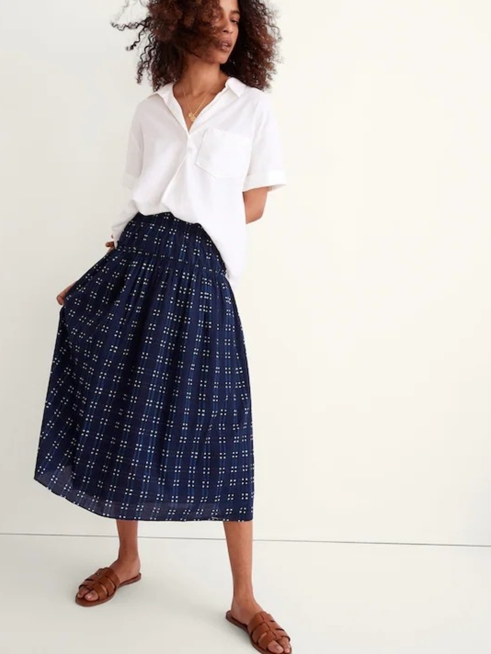 Madewell Cotton Midi Skirt in Shibori Indigo Plaid